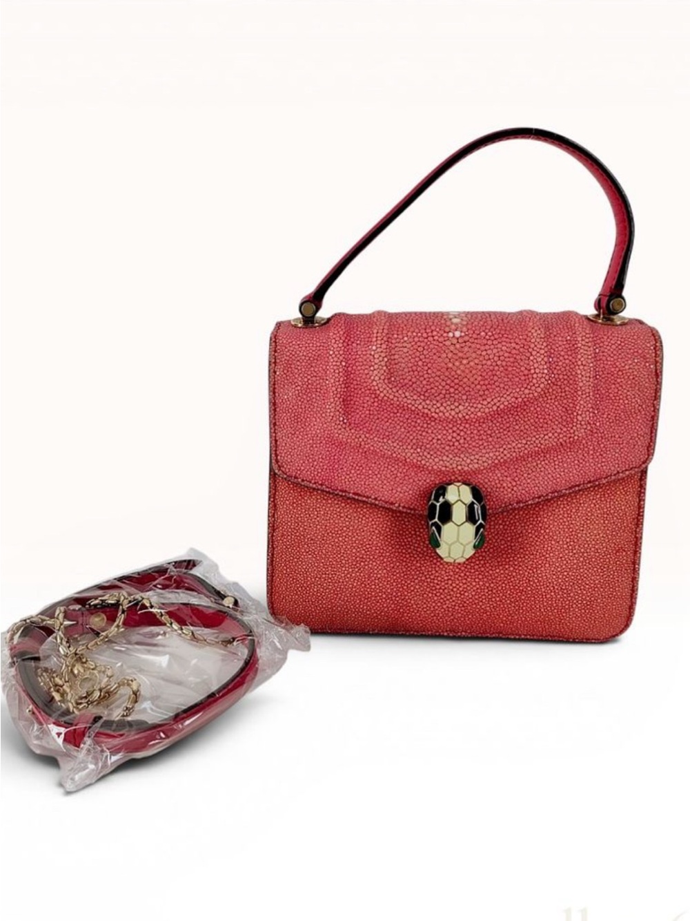 Bvlgari Serpenti Forever Red Galuchat Stingray Top Handle Bag w/ Shoulder Strap